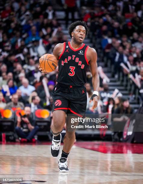 Anunoby of the Toronto Raptors dribbles against the Indiana Pacers during the second half of their basketball game at the Scotiabank Arena on March...