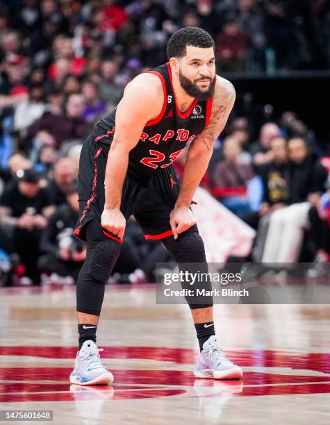 Fred VanVleet of the Toronto Raptors looks on against the Indiana Pacers during the second half of their basketball game at the Scotiabank Arena on...