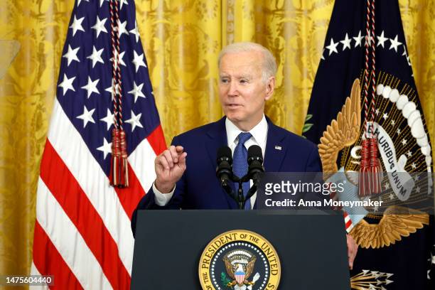President Joe Biden speaks at an event marking the 13th anniversary of the Affordable Care Act in the East Room of the White House on March 23, 023...