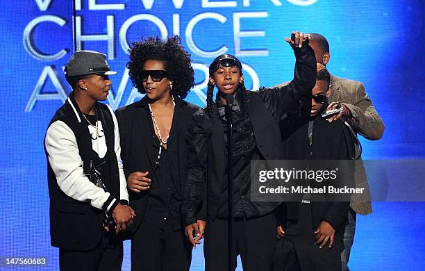 Musicians Princeton, Prodigy, Ray Ray and Roc Royal of Mindless Behavior accept the Coco-Cola Viewer's Choice Award onstage during the 2012 BET...