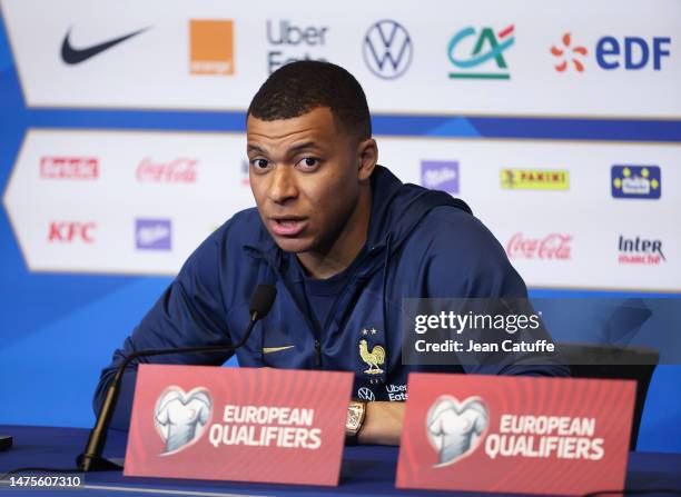 Kylian Mbappe of France answers to the media during a press conference on the eve of an Euro 2024 qualifier between France and Netherlands at Stade...