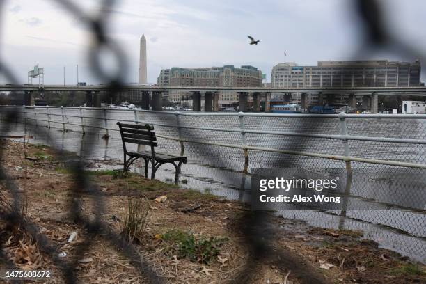 As the Washington Monument is seen in the background, a park bench sits in floodwaters during high tide amid cherry blossoms in peak bloom by the...