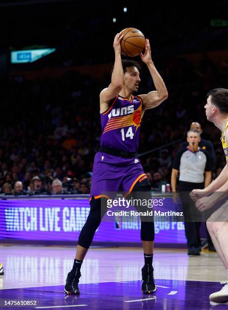 Landry Shamet of the Phoenix Suns in the second half at Crypto.com Arena on March 22, 2023 in Los Angeles, California. NOTE TO USER: User expressly...