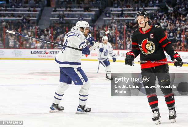 Auston Matthews of the Toronto Maple Leafs celebrates Calle Jarnkrok third period goal against the Ottawa Senators at Canadian Tire Centre on March...