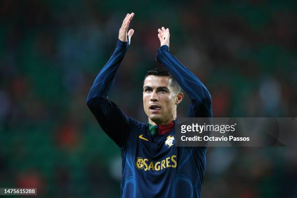 Cristiano Ronaldo of Portugal applauds fans prior to the UEFA EURO 2024 qualifying round group J match between Portugal and Liechtenstein at Estadio...