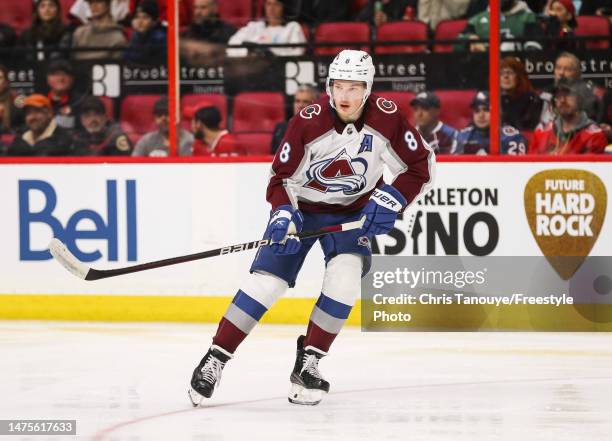 Cale Makar of the Colorado Avalanche skates against the Ottawa Senators at Canadian Tire Centre on March 16, 2023 in Ottawa, Ontario, Canada.