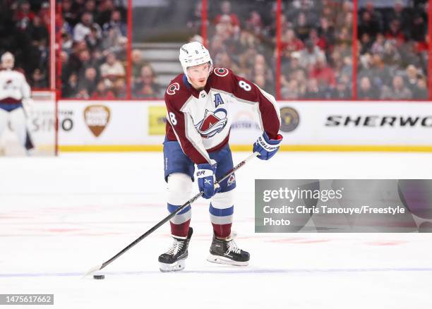 Cale Makar of the Colorado Avalanche skates against the Ottawa Senators at Canadian Tire Centre on March 16, 2023 in Ottawa, Ontario, Canada.