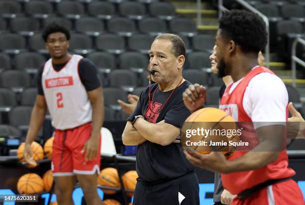 Head coach Kelvin Sampson of the Houston Cougars watches during practice prior to the NCAA Midwest Regional at T-Mobile Center on March 23, 2023 in...