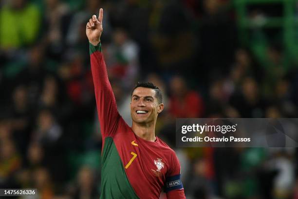 Cristiano Ronaldo of Portugal celebrates after Joao Cancelo of Portugal scores their sides first goal during the UEFA EURO 2024 qualifying round...