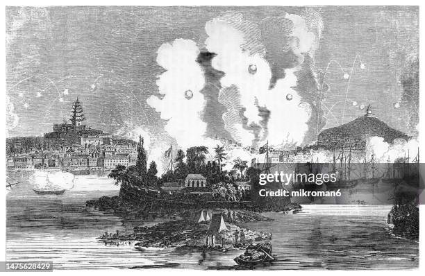 old engraved illustration of the battle of canton, fought by british and french forces against qing china on 28–31 december 1857 during the second opium war - warship stock pictures, royalty-free photos & images