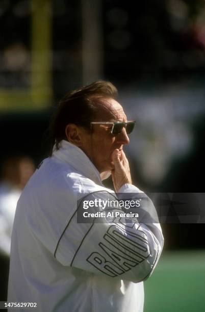 Team Owner and General Manager Al Davis of the Los Angeles Raiders follows the action in the game between the Los Angeles Raiders vs Philadelphia...