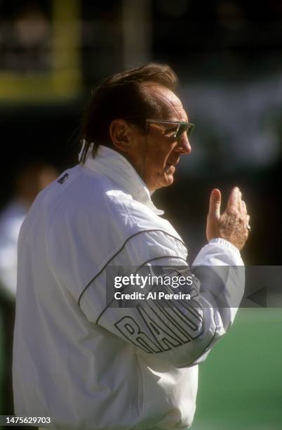 Team Owner and General Manager Al Davis of the Los Angeles Raiders follows the action in the game between the Los Angeles Raiders vs Philadelphia...