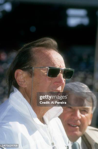 Team Owner and General Manager Al Davis of the Los Angeles Raiders follows the action in the game between the Los Angeles Raiders vs Philadelphia...