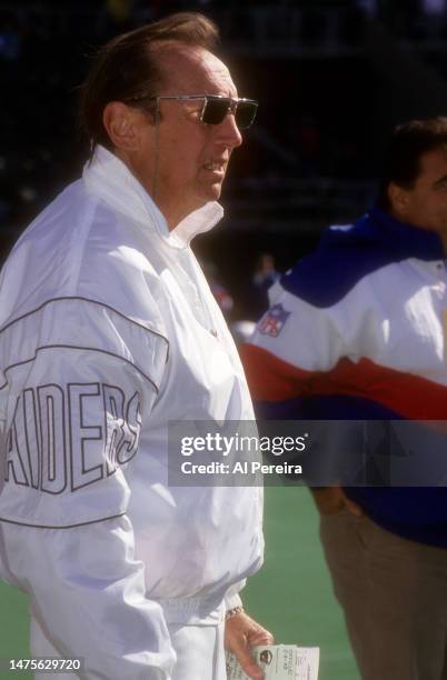 Team Owner and General Manager Al Davis of the Los Angeles Raiders follows the action in the game between the Los Angeles Raiders vs Philadelphia...