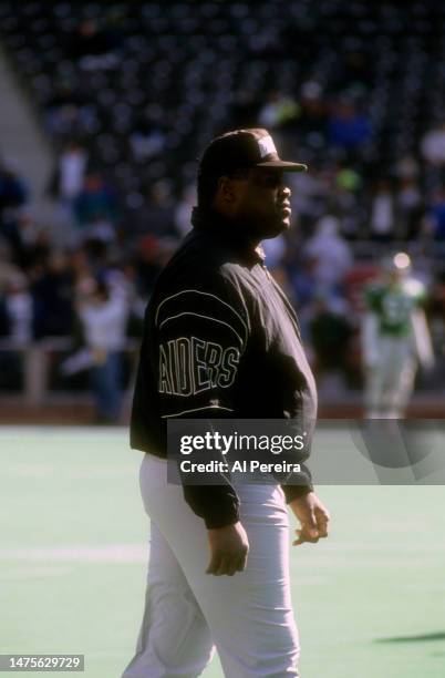 Head Coach Art Shell of the Los Angeles Raiders follows the action and reacts in the game between the Los Angeles Raiders vs Philadelphia Eagles on...