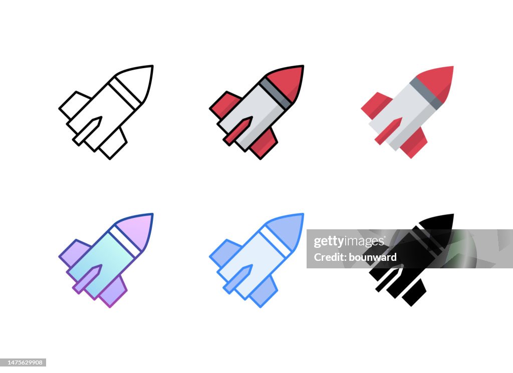 Rocket icon. 6 Different styles. Editable stroke.