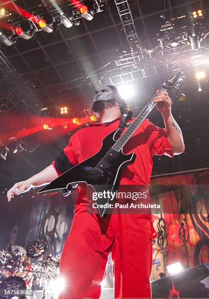 Mick Thomson of the heavy metal band Slipknot performs at the 2012 Rockstar energy drink Mayhem Festival at San Manuel Amphitheater on June 30, 2012...