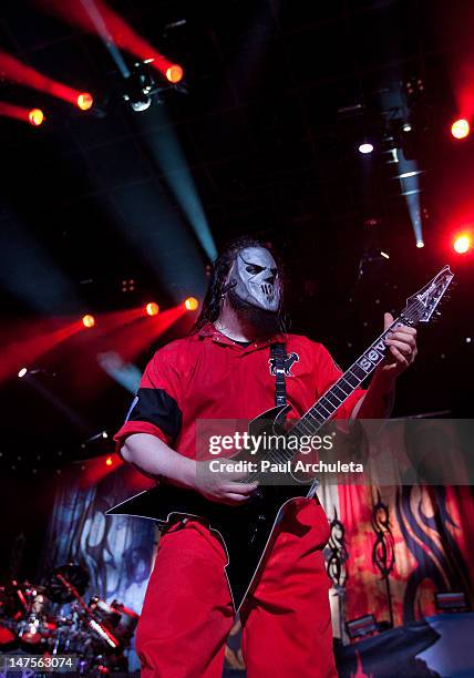 Mick Thomson of the heavy metal band Slipknot performs at the 2012 Rockstar energy drink Mayhem Festival at San Manuel Amphitheater on June 30, 2012...