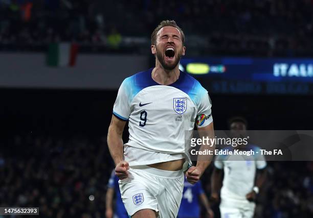 Harry Kane of England celebrates after scoring their sides second goal during the UEFA EURO 2024 qualifying round group C match between Italy and...