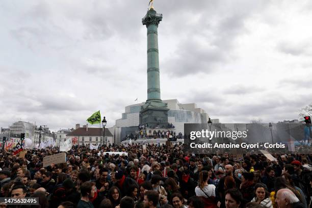 Protestors gather on place de la Bastille to attend a demonstration a week after the government pushed a pensions reform through parliament without a...