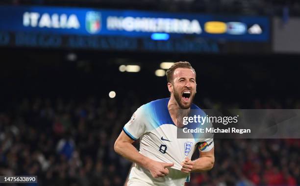 Harry Kane of England celebrates after scoring their sides second goal during the UEFA EURO 2024 qualifying round group C match between Italy and...