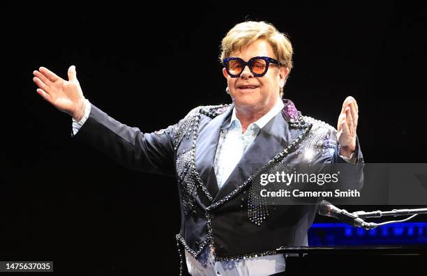 Elton John performs during the first UK stop on his "Farewell Yellow Brick Road" Tour at M&S Bank Arena on March 23, 2023 in Liverpool, England.