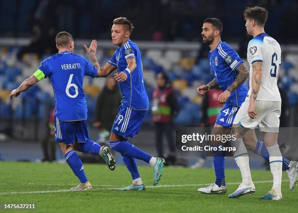 Mateo Retegui of Italy celebrates after scoring his team's first goal during during the UEFA EURO 2024 qualifying round group C match between Italy...