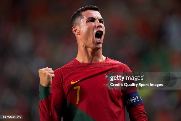 Cristiano Ronaldo of Portugal celebrates after scoring his team's fourth goal during the UEFA EURO 2024 qualifying round group J match between...