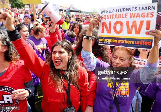 Los Angeles Unified School District workers and supporters rally in Los Angeles State Historic Park on the last day of a strike over a new contract...