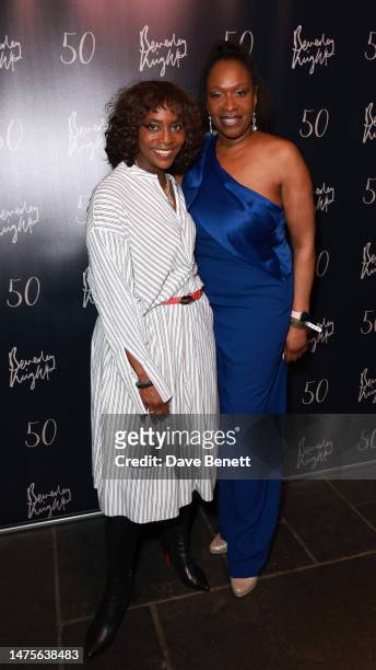 Brenda Emmanus and Angie Greaves attend Beverley Knight's 50th birthday show at Lafayette on March 23, 2023 in London, England.