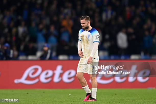 Luke Shaw of England looks dejected after being shown a red card during the UEFA EURO 2024 qualifying round group C match between Italy and England...