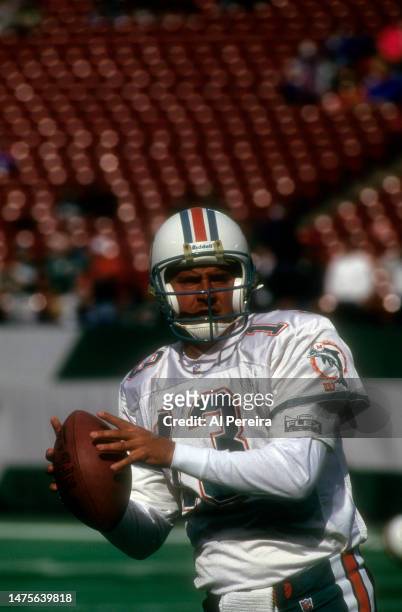 Quarterback Dan Marino of the Miami Dolphins warms up in the game between the Miami Dolphins vs the New York Jets at The Meadowlands on November 1,...