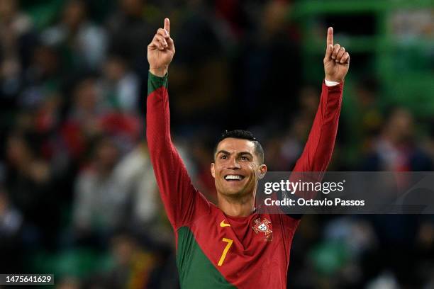 Cristiano Ronaldo of Portugal celebrates after scoring their sides first goal during the UEFA EURO 2024 qualifying round group J match between...