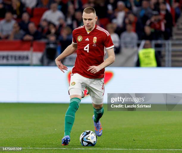 Attila Szalai of Hungary runs with the ball during the International Friendly match between Hungary and Estonia at Puskas Arena on March 23, 2023 in...