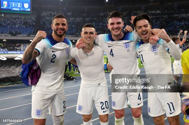 Kyle Walker, Phil Foden, Declan Rice and Jack Grealish of England celebrate victory after the UEFA EURO 2024 qualifying round group C match between...