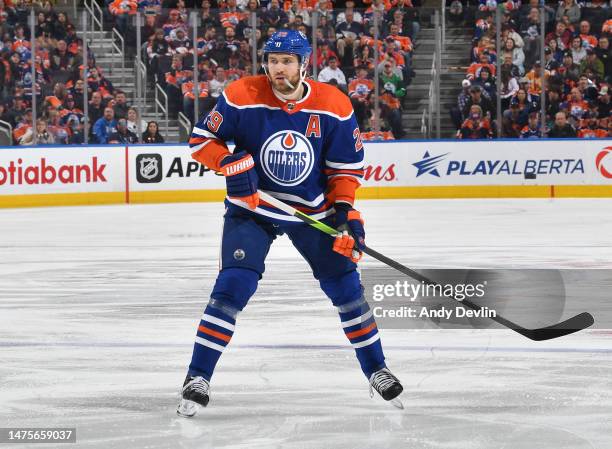 Leon Draisaitl of the Edmonton Oilers skates during the game against the Arizona Coyotes on March 22, 2023 at Rogers Place in Edmonton, Alberta,...