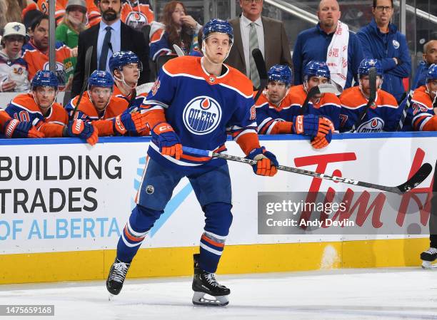 Philip Broberg of the Edmonton Oilers skates during the game against the Arizona Coyotes on March 22, 2023 at Rogers Place in Edmonton, Alberta,...