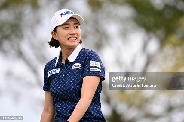 Erina Hara of Japan reacts after her third shot on the 10th hole during the first round of AXA Ladies Golf Tournament in Miyazaki at UMK County Club...