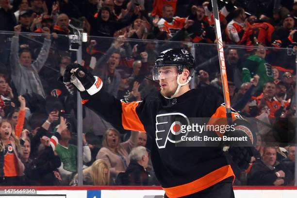 Rasmus Ristolainen of the Philadelphia Flyers celebrates his second period goal against the Minnesota Wild at the Wells Fargo Center on March 23,...