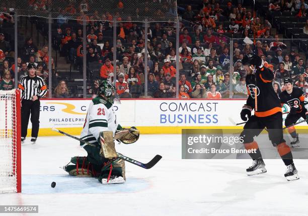 Joel Farabee of the Philadelphia Flyers celebrates his second period deflection goal against Marc-Andre Fleury of the Minnesota Wild at the Wells...