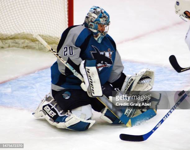 Evgeni Nabokov of the San Jose Sharks skates against the Toronto Maple Leafs during NHL game action on December 21, 2002 at Air Canada Centre in...
