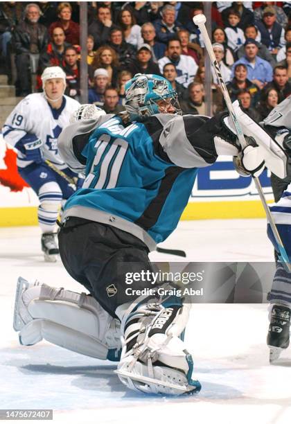 Evgeni Nabokov of the San Jose Sharks skates against the Toronto Maple Leafs during NHL game action on December 21, 2002 at Air Canada Centre in...