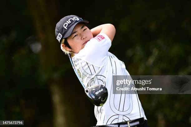 Misaki Miyazawa of Japan hits her tee shot on the 11th hole during the first round of AXA Ladies Golf Tournament in Miyazaki at UMK County Club on...