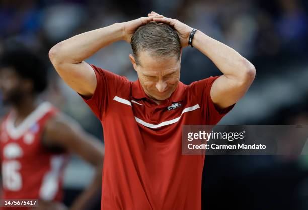 Head coach Eric Musselman of the Arkansas Razorbacks reacts during the first half against the Connecticut Huskies in the Sweet 16 round of the NCAA...