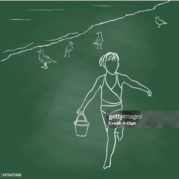 childhood summer beach days girl chalkboard - sand bucket stock illustrations