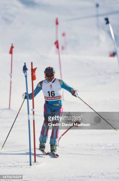 Konrad Kurt Ladstaetter of Italy competes in the Men's Slalom skiing event of the 1992 Winter Olympic Games on February 22, 1992 at Les Menuires near...