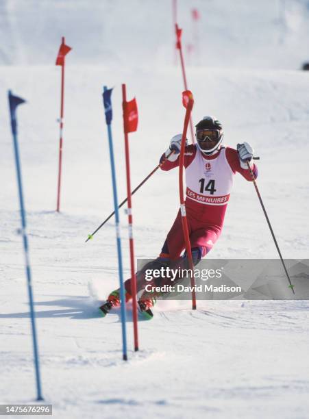 Hubert Strolz of Austria competes in the Men's Slalom skiing event of the 1992 Winter Olympic Games on February 22, 1992 at Les Menuires near...