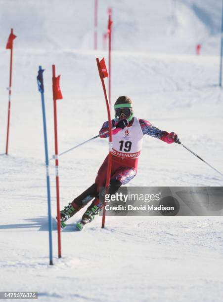 Matthew Grosjean of the USA competes in the Men's Slalom skiing event of the 1992 Winter Olympic Games on February 22, 1992 at Les Menuires near...