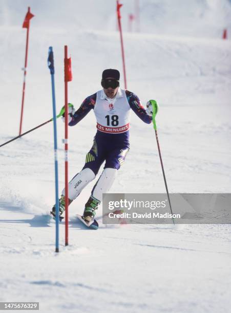 Mats Ericson of Sweden competes in the Men's Slalom skiing event of the 1992 Winter Olympic Games on February 22, 1992 at Les Menuires near...