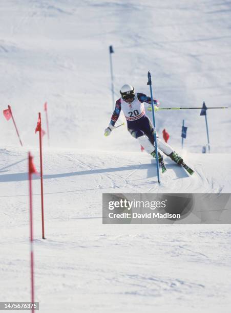 Jonas Nilsson of Sweden competes in the Men's Slalom skiing event of the 1992 Winter Olympic Games on February 22, 1992 at Les Menuires near...